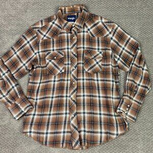 Vintage Wrangler Pearl Snap Flannel Shirt Men's XL Brown Check Plaid Wester